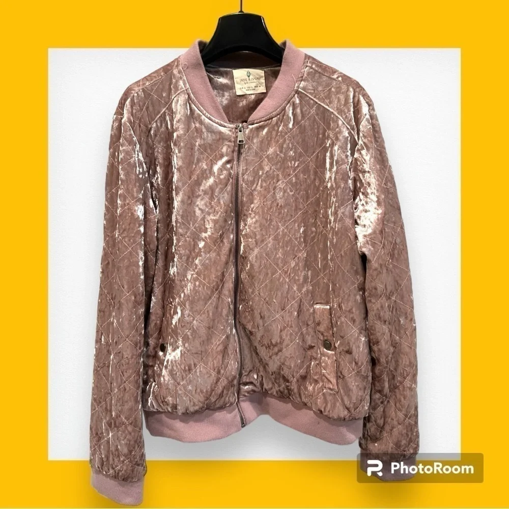 Jade & Ivory Pink Mauve Metallic Quilted Bomber Jacket Large